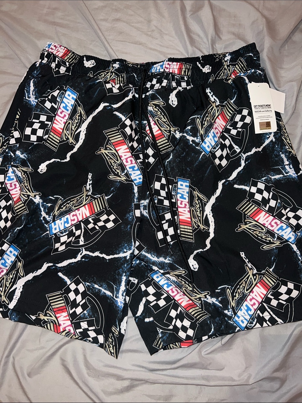 Nascar Black Racing Graphic Swim Shorts with Multi-Color Logos
